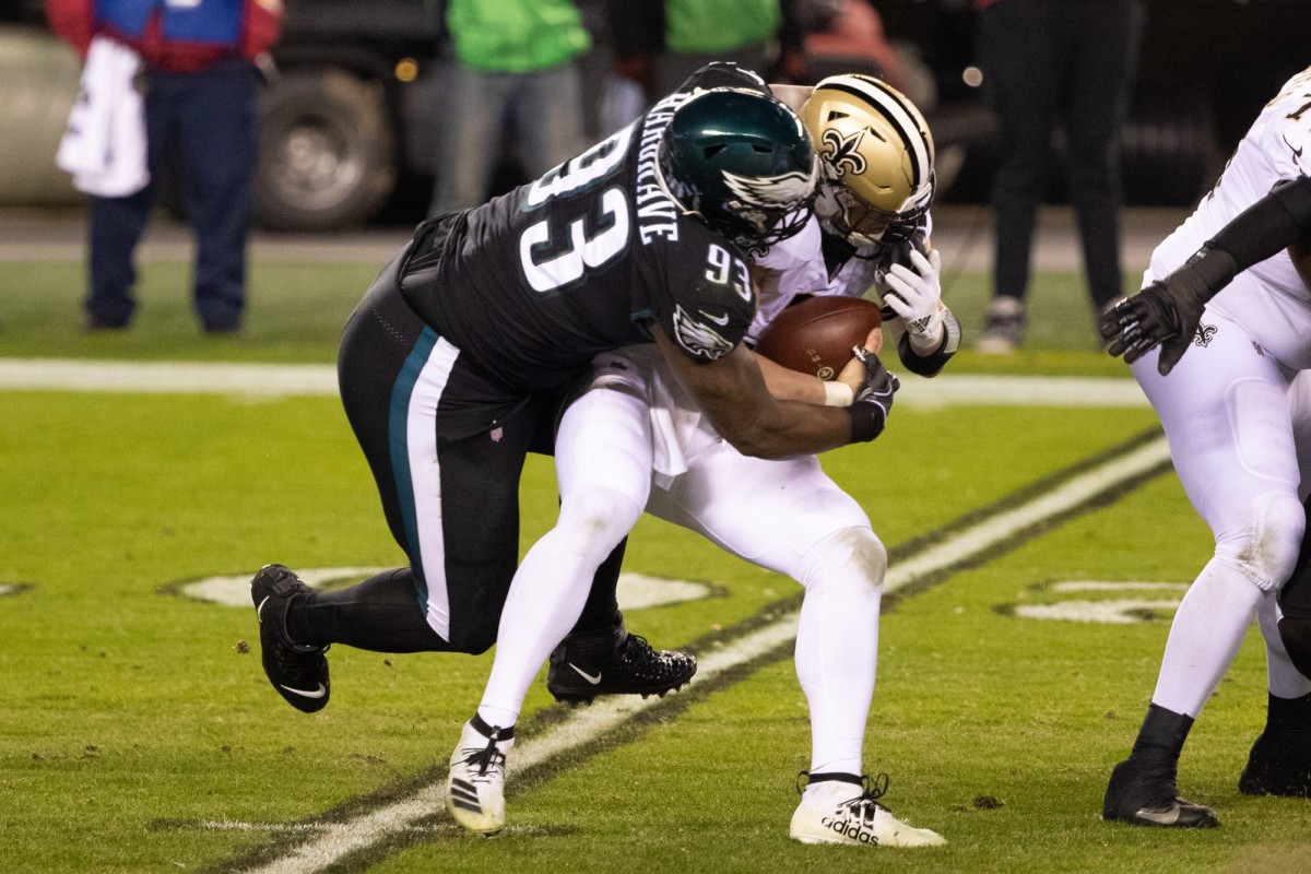Dec 13, 2020; Philadelphia Eagles nose tackle Javon Hargrave (93) sacks New Orleans Saints Taysom Hill (7). Mandatory Credit: Bill Streicher-USA TODAY